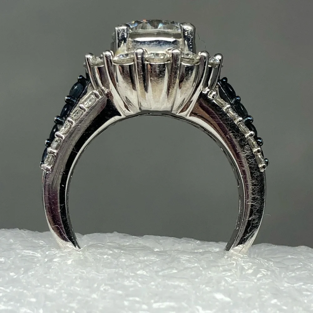 Moissanite Ring Blue Sapphire Platineve Halo Size 6